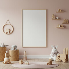 Empty frame in a child's room decorated with wooden toys and soft furnishings. Empty space on a wall with pastel pink accents and wooden toys in a playroom.
