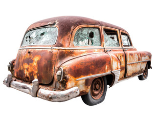 Vintage rusted car abandoned in urban setting with broken windows, cut out