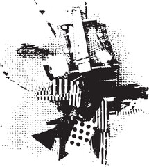 A distressed textured black silhouette of a complex mechanical structure dominates the .