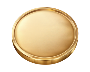 Ornate gold coin with decorative textured edge on transparent background