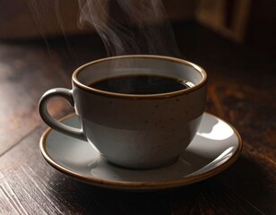 Fototapeta premium Hot Coffee In A Light Grey Cup On Dark Wooden Table