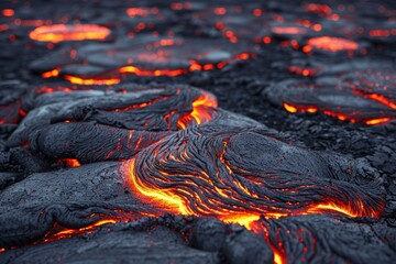 Lava flow glowing in dark volcanic landscape.