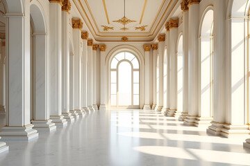 ‎elegant marble hallway with golden trim and sunlight