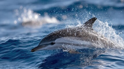 Fototapeta premium Close-up of a striped dolphin arching through the air, surrounded by glistening ocean spray