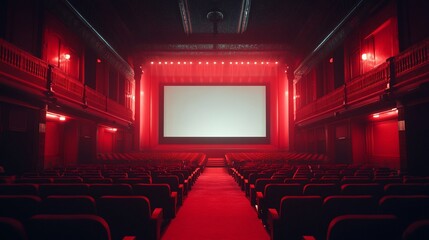 Vintage movie theater interior with red lighting and a blank screen