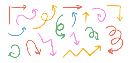 Set of Hand drawn colorful arrows doodle with chalk. Design curve elements in ink style