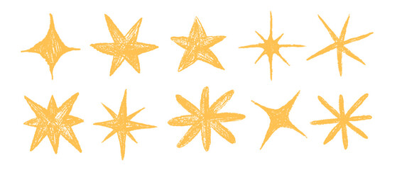 Stars shape hand drawn in chalk. Doodle star sketch drawing. Design elements