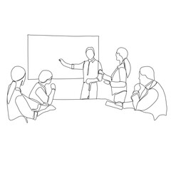 Single continuous line drawing of businessman meeting and presentation in the office illustration. Marketing plan presentation for team members, business meeting concept, single line art.