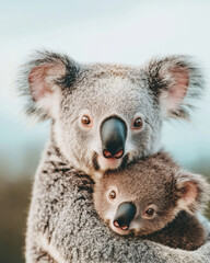 Obraz premium Koala mother with baby clinging to back