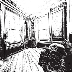 Fototapeta premium A solitary figure sits on a wooden bench in a dimly lit hallway.