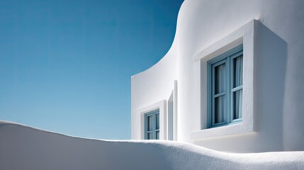 Close-up of white curved wall and minimalist windows set against rich sky blue, Mediterranean feel