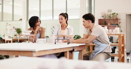 People, listen and potter for pottery in class of sculpture design, learning technique and craft process. Instructor, teaching and guide for mold production, ceramic demonstration and creative course