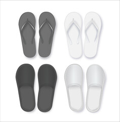 Realistic 3d White and Black Blank Empty Flip Flop Closeup Isolated on White Background. Design Template of Summer Beach Flip Flops Pair Mockup. Vector