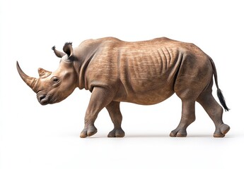 Obraz premium Side view of a rhinoceros, walking, against white background. Detailed depiction of its thick skin, horn, and legs