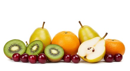 Fresh fruits pears oranges kiwis cherries delicious healthy food still life vitamin c natural diet 100% on transparent background