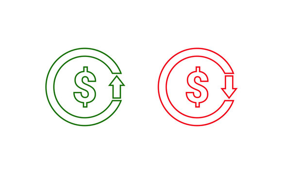 Up and down dollar arrow vector icon Dollar rate increase decrease icon set 