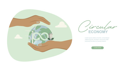 Circular Economy Hands Protecting Earth Web Banner. web banner design showing hands cradling globe with renewable energy elements and infinity recycling symbol. circular economy concept. Vector
