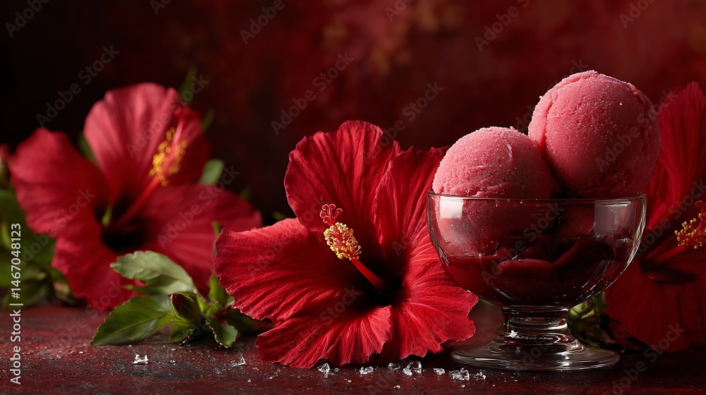 Poster hibiscus, flavored sorbet, with deep red color abstract background