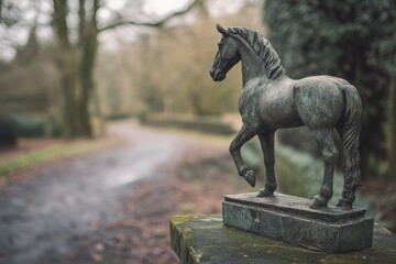 Naklejka premium Dark bronze sculpture of a horse in a park setting.