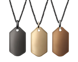 Set of three dog tag necklaces with black, gold, and bronze tags on transparent background