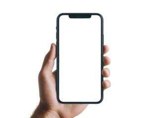 A person is holding a modern smartphone with a blank screen, cut out