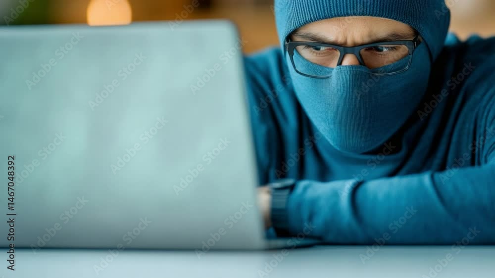 Poster cyber threat intrusion: a masked individual intently focused on a laptop, embodying the modern-day s