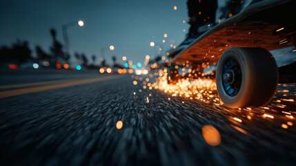 A skateboarder grinds on the road at dusk, creating an amazing light show with sparks flying in the air.