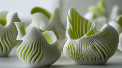 3D-printed objects with a striped pattern, a white and lime green color scheme, and fluid organic shapes.