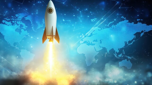Global ambition a conceptual rocket launching towards future innovation across connected digital worldwide network map background