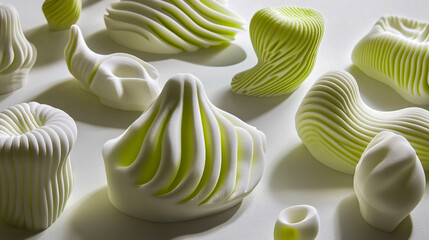 3D-printed objects with a striped pattern, a white and lime green color scheme, and fluid organic shapes.