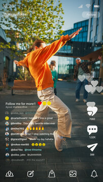 Video Sharing Social Network Template. Caucasian Female Dancing in an Urban Park, Teammates Cheering On Her Performance. Digital Interaction with Users, Followers and Friends Happening in Real Time