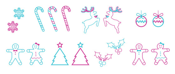 Christmas Outline Elements Set. Vector Magenta Blue Collection Isolated on White  Background New Year Creative Minimal Design Elements. Two Colors Christmas Signs and Symbols Collection.