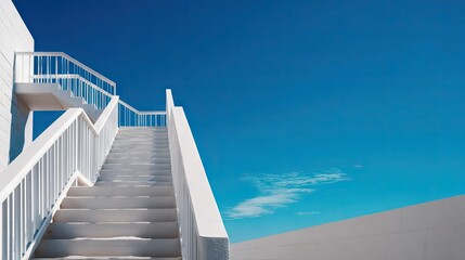 Diagonal view of a white staircase on building's side, ascending toward open blue sky