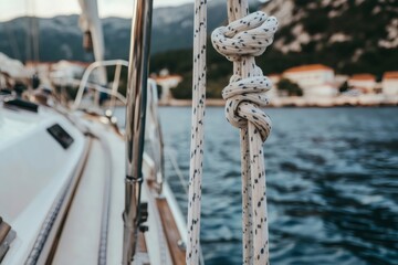 Obraz premium Sailing rope knots securing the mast of a sailboat on a sunny day, creating a nautical scene of maritime adventure