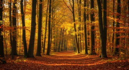 Obraz premium Pathway through a forest during autumn season