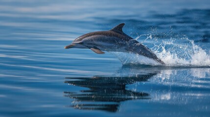 Fototapeta premium Dynamic leap from a striped dolphin above the blue water, frozen in mid-air with stunning clarity