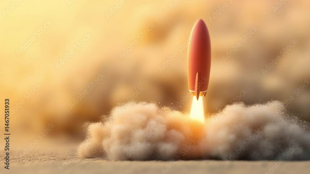 Poster space launch: a powerful red rocket ship blazes through the atmosphere, leaving behind a plume of wh