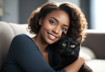 Woman and cat relaxing on sofa