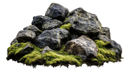 Stack of rough-textured rocks covered with green moss on transparent background