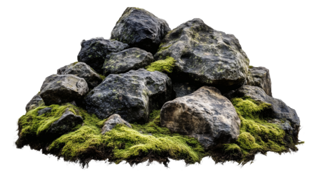 Stack of rough-textured rocks covered with green moss on transparent background