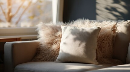 Empty soft pillow lying on a plush couch in a contemporary living room with natural sunlight pouring in