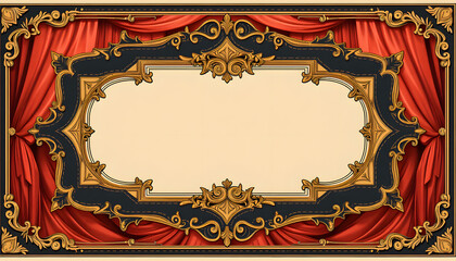 Vintage theater poster with ornate frame and red curtains, blank, copy space