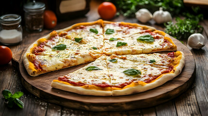 Appetizing pizza margherita with fresh basil on rustic wooden surface
