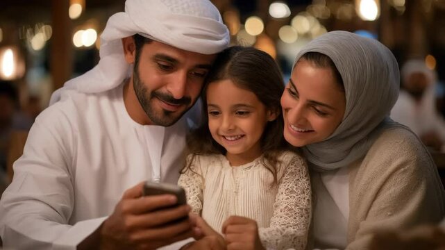 Happy Arab Family Sharing a Special Moment on a Phone in a Warmly Lit Restaurant