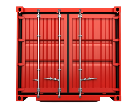 Red shipping container with corrugated walls and secure locking mechanisms on transparent background