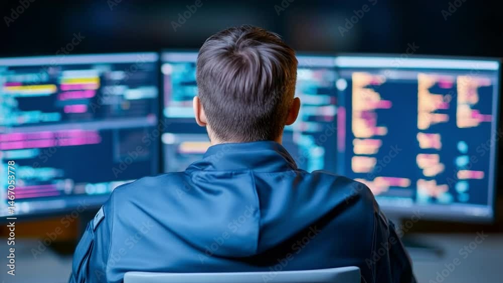 Aufkleber the coding guardian: a tech-savvy individual intently focused on coding, their silhouette outlined a