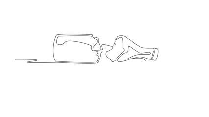 Animated self drawing of continuous line drawing of shattered beer bottle into broken glass. No alcohol month. Stop and abstain drinking, public health campaign. Full length single line animation