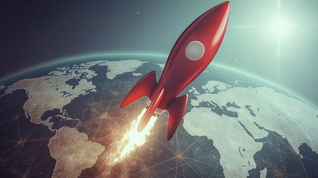 Retrofuturistic rocket blasting off against earth background conveying innovation and progress towards future space explorations adventure - Powered by Adobe