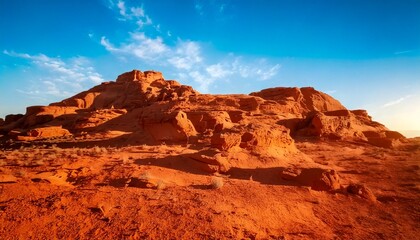 Fototapeta premium Formación rocosa del desierto con vista de cielo soleado brillante; destino de viaje, concepto de oportunidad de aventura, fondo de pantalla, patrón, fotografía de naturaleza