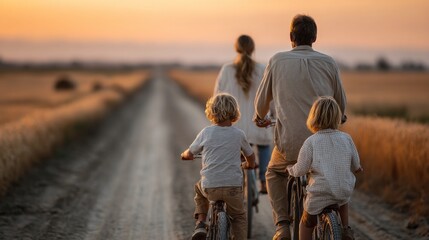 A family of four rides bicycles together along a dirt path during sunset, surrounded by golden fields. The warmth of the evening light enhances their joyful experience